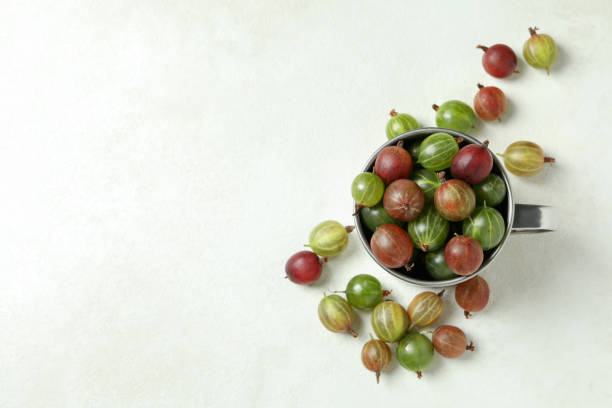 istock Cup of ripe gooseberry on white textured background 1490313021