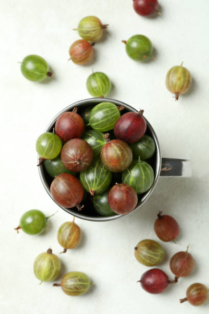 istock Cup of ripe gooseberry on white textured background 1490313081