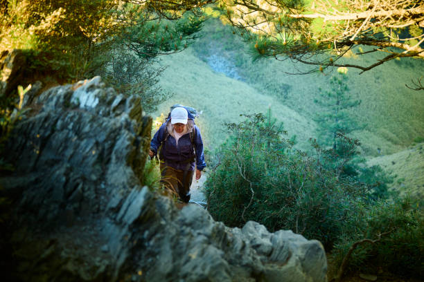 Hikers walking alone on top of a mountain.