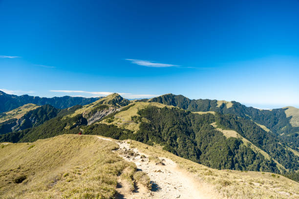 Hikers walking alone on top of a mountain.