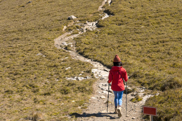 Hikers walking alone on top of a mountain.