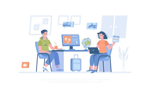 Vector illustration of Travel agency, touristic service, tour operator. Company manager consulting client on the choosing vacation tour. Cartoon modern flat vector illustration for banner, website design, landing page.