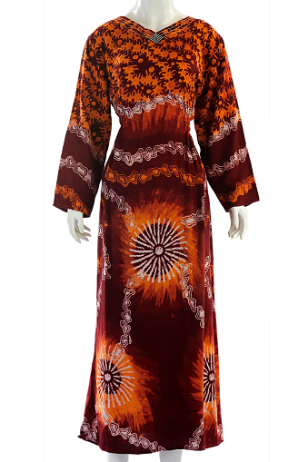 Women's casual long clothes with tie dye motifs in warm colors dominated by orange are suitable for use during leisure time or holidays