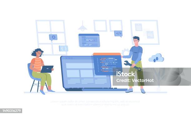 Program Design Cartoon Software Development Programming Coding People Write Code Settings And ...