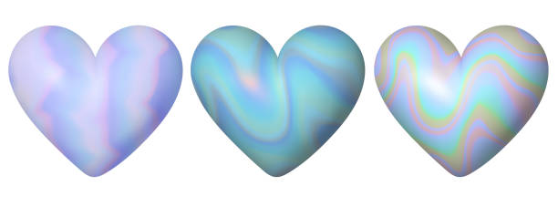 istock Set of realistic 3d hearts with wavy holographic print on isolated background. 1490326115