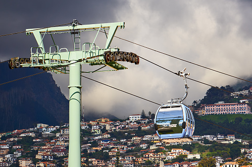 Funchal, Portugal - November 21, 2022: Passengers ride the Funchal cable car to Monte.