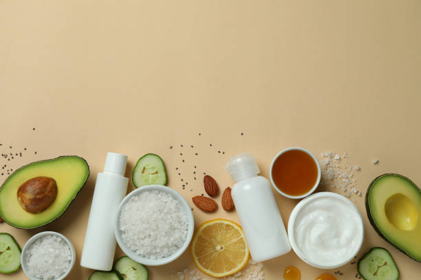 istock Natural spa cosmetics on beige background, top view 1490326259
