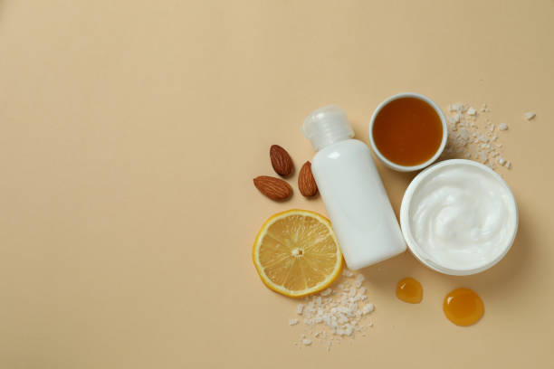 istock Natural spa cosmetics on beige background, top view 1490327859