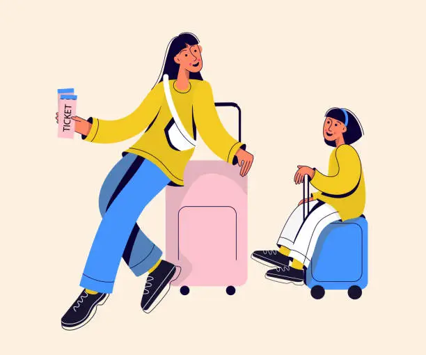 Vector illustration of Mother and daughter siting on a suitcase. Woman with tickets. Travel concept. People in airport going on trip.