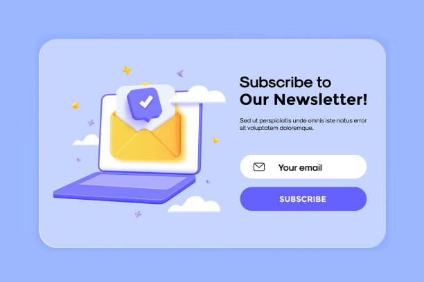 Modern 3d illustration of Newsletter banner 5 Subscribe to newsletter banner template with laptop and letter envelope. Email business marketing concept. Subscription to news and promotions. Registration form. Web button mockup. 3D Vector illustration newsletter mockup stock illustrations