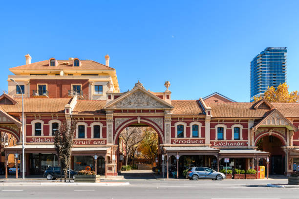 Adelaide, South Australia - May 16, 2020: Adelaide Fruit and Produce Exchange heritage building in the eastern part of the CBD  on bright sunny day viewed across East Terrace
