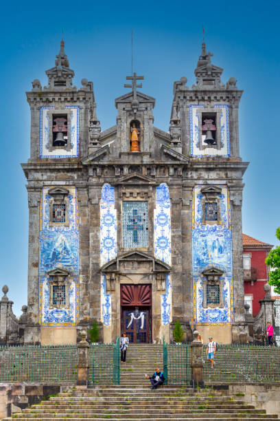 famous blue tiled church of Saint Ildefonso at porto, portugal stock photo