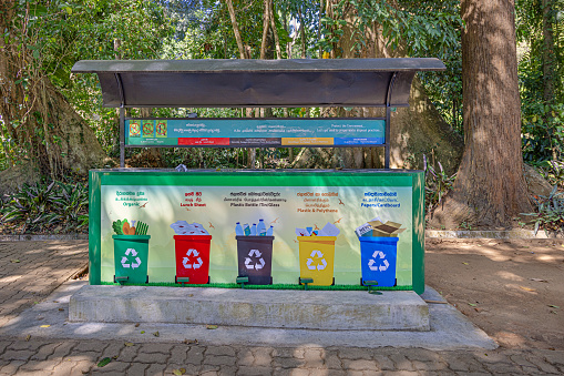 Three different coloured plastic bins for recycling. Green for cans red for plastic and a blue bin for glass.