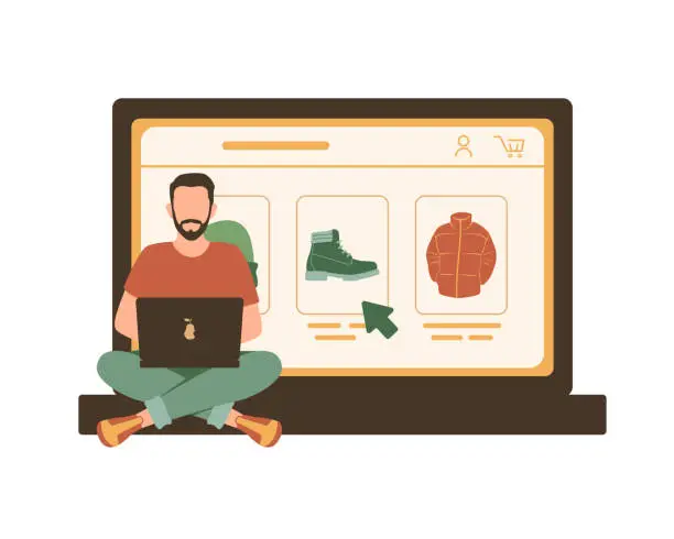 Vector illustration of Flat illustration of guy chooses shoes online on laptop from home