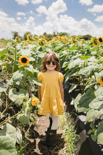 A 4-Year-Old Cuban-Amerian Girl with Brown Curly Hair & Brown Eyes Wearing a Yellow Dress & Dark Green Rainboots Having Fun in a Field of Large Vibrant Yellow Sunflowers Growing Under the Bright South Florida Sunshine. A Blue Sky With Puffy White Clouds fills the Background. Captured at Midday, in the Spring of 2023 in West Boynton Beach, Florida. una niña cubano-americana de 4 años con cabello castaño rizado y ojos marrones con un vestido amarillo y botas de lluvia verde oscuro en un campo de grandes girasoles amarillos vibrantes que crecen bajo el sol del sur de la florida, un cielo azul con nu