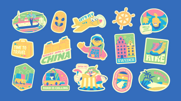 Travel Vector Retro Stickers Pack Perfect Travel Vector Retro Stickers Pack, Pins, Stamps, Patches. Retro Hand drawn illustration concept. Trendy Cartoon style of 30s. Famous monuments, landmarks and sightseeings. 4 swedish summer stock illustrations