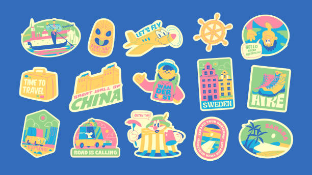 Travel Vector Retro Stickers Pack Perfect Travel Vector Retro Stickers Pack, Pins, Stamps, Patches. Retro Hand drawn illustration concept. Trendy Cartoon style of 30s. Famous monuments, landmarks and sightseeings. 4 kid stickers stock illustrations
