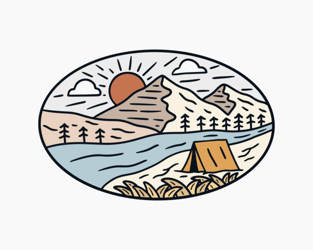 istock Hand drawing of camping in near river under the mountains design vector 1490345230