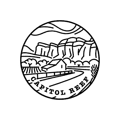 Vintage vector black and white round label. National parks of the USA. Capitol Reef. Utah.