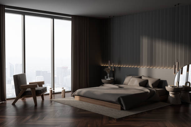 istock Gray master bedroom interior with armchair 1490347964
