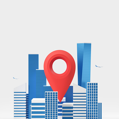 Big red geolocation tag in blue city over white background. Concept of navigation and travel. 3d rendering