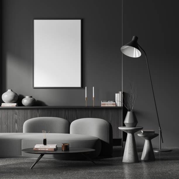 istock Grey relaxing room interior couch and drawer with decor, mockup frame 1490349113