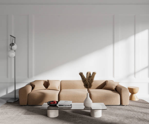 istock Light relax room interior with couch and coffee table. Mockup wall 1490349859