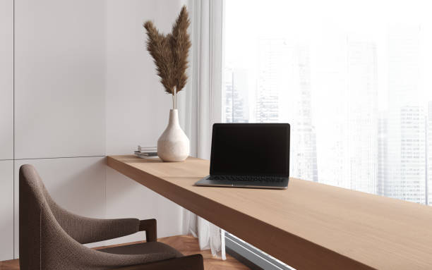 istock Modern home living room interior with workplace and panoramic window 1490350212