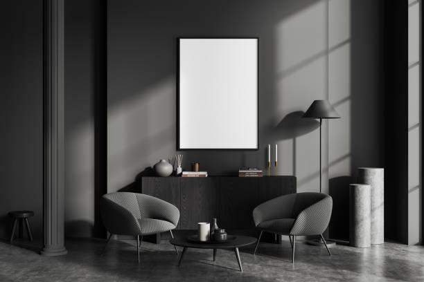 istock Grey relaxing room interior armchairs and drawer with decor, mockup frame 1490350353