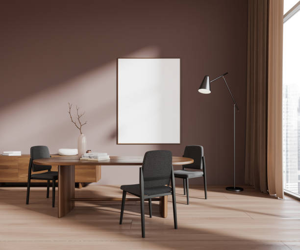 istock Beige living room interior eating table and sideboard with window, mockup frame 1490350526
