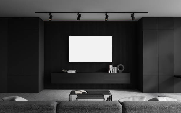istock Grey living room interior with couch and sideboard with decor, mockup TV display 1490350898