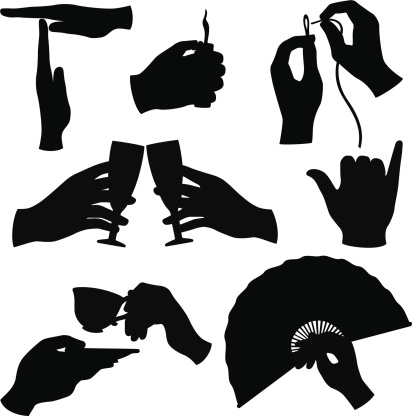 Collection of hand silhouettes including time out gesture, hand flicking a lighter, hands threading a needle, hands toasting with wine glasses, hands holding teacup and saucer, hand with fan, hand doing Hawaiian greeting Shaka.