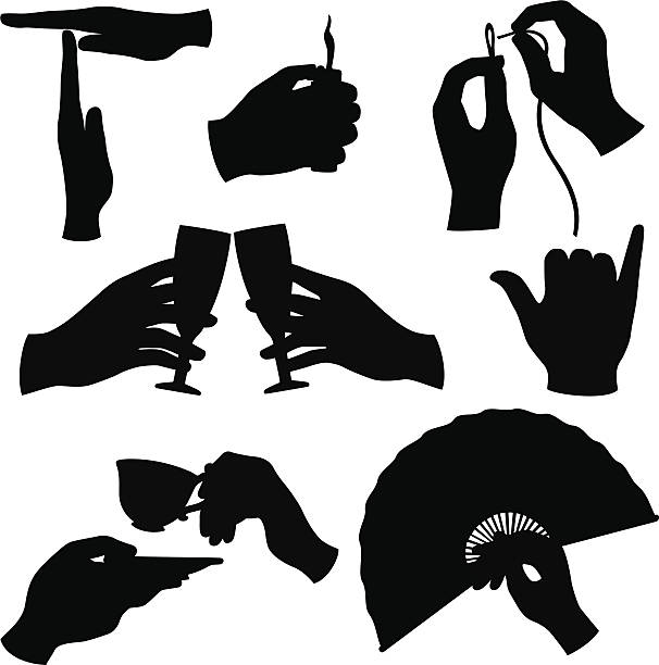 Hand silhouettes collection Collection of hand silhouettes including time out gesture, hand flicking a lighter, hands threading a needle, hands toasting with wine glasses, hands holding teacup and saucer, hand with fan, hand doing Hawaiian greeting Shaka. time out signal stock illustrations