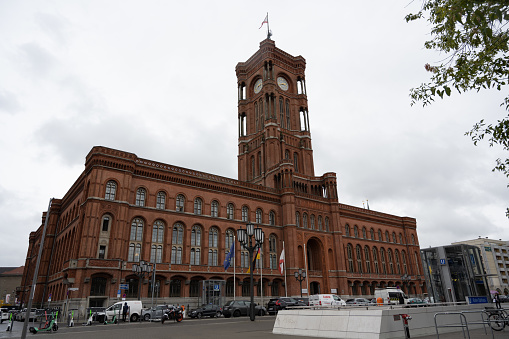 Berlin, Germany - June 20, 2022: Rotes Rathaus (Red City Hall), the Berlin town hall, on a rainy day.