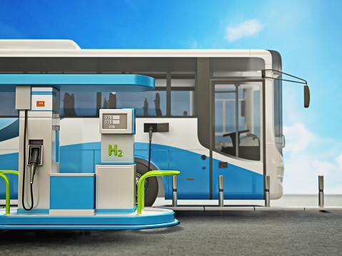 Hydrogen powered city bus in hydrogen fuelling station.