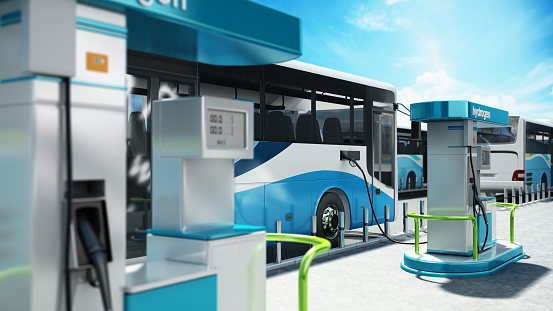 Hydrogen powered city bus in hydrogen fuelling station.