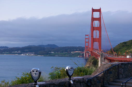 Towers of the Golden Gate Bridge at daybreak