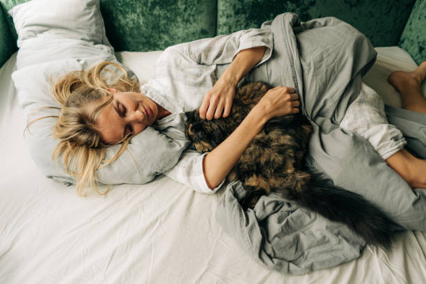 istock Woman spending morning with her cat lying in bed after waking up. 1490355567