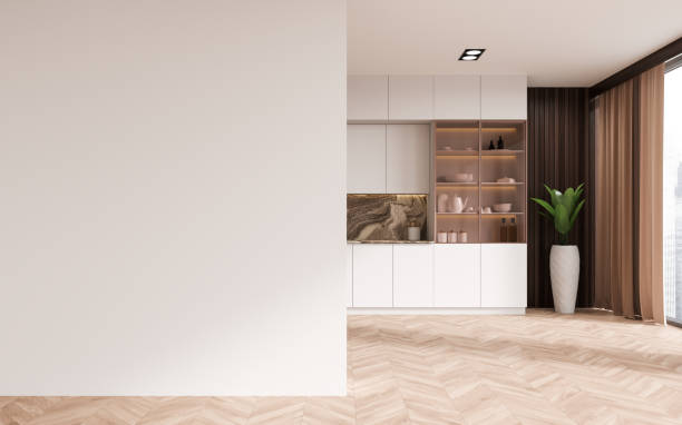 istock Luxury kitchen interior with cooking zone and panoramic window. Mockup wall 1490357163