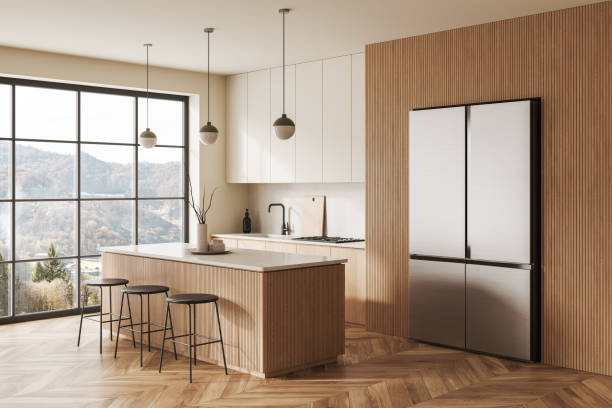 istock Light kitchen interior with bar island, fridge and cooking area, panoramic window 1490357212