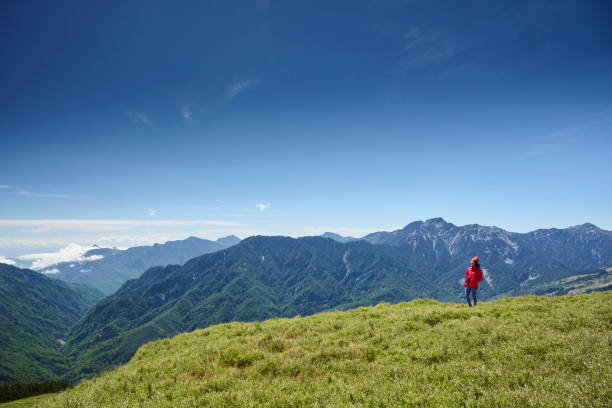 Hikers stand on top of a mountain looking at view.