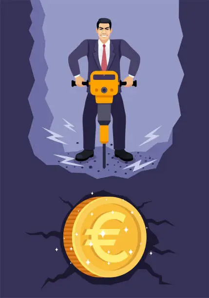 Vector illustration of Businessman digging to find Golden Euro Coin. Golden Euro Coin mining. Worker with a jackhammer.