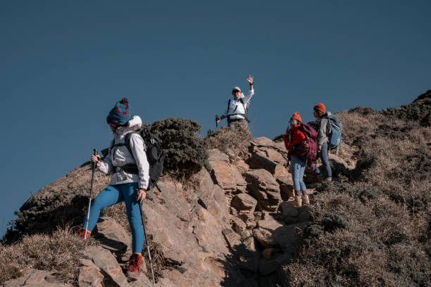 istock Good friends hiking together on the mountain. 1490360381