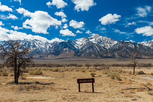 Independence, CA \ USA - 9 MAR 2022: A sign identifying a fire break in the Manzanar War Relocation Center