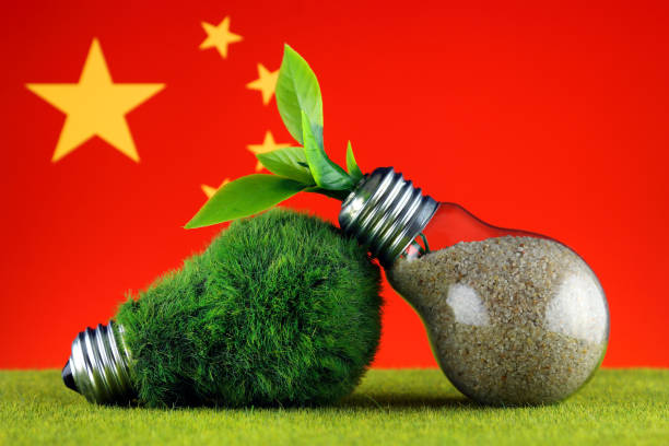 Lampadina ecologica verde con erba, pianta che cresce all'interno della lampadina e bandiera della Cina. Energia rinnovabile. Prezzi dell'elettricità, risparmio energetico in casa. - foto stock