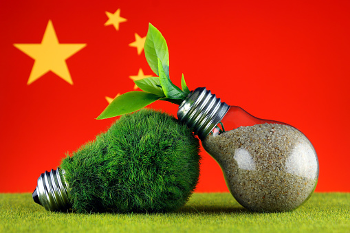 Green eco light bulb with grass, plant growing inside the light bulb, and China Flag. Renewable energy. Electricity prices, energy saving in the household.
