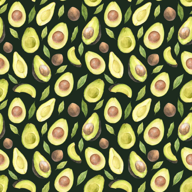 Watercolor seamless pattern with illustration of appetizing green sliced hass avocados with pit and leaves on dark background. Watercolor seamless pattern with illustration of appetizing green sliced hass avocados with pit and leaves on dark background. Can be used for packaging design, prints, fabric, clothers hass avocado stock illustrations