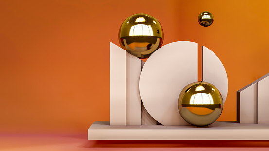 Product Display Podium With Shining Golden Ball With Orange Background, 3d rendering illustration