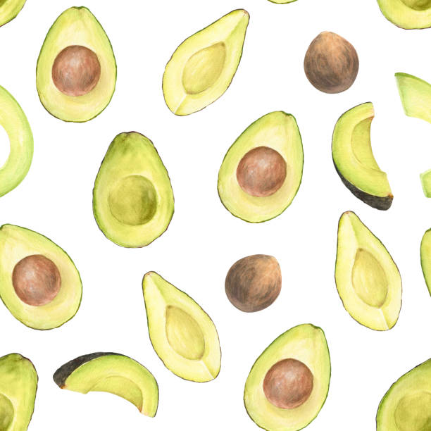 Watercolor seamless pattern with illustration of appetizing green sliced hass avocados with pit on white background. Watercolor seamless pattern with illustration of appetizing green sliced hass avocados with pit on white background. Can be used for packaging design, prints, fabric, clothers hass avocado stock illustrations