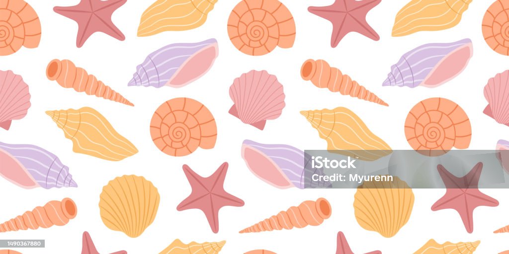 Shell Pattern Star Fish Seamless Pattern With Different Shells And Starfish On A White ...